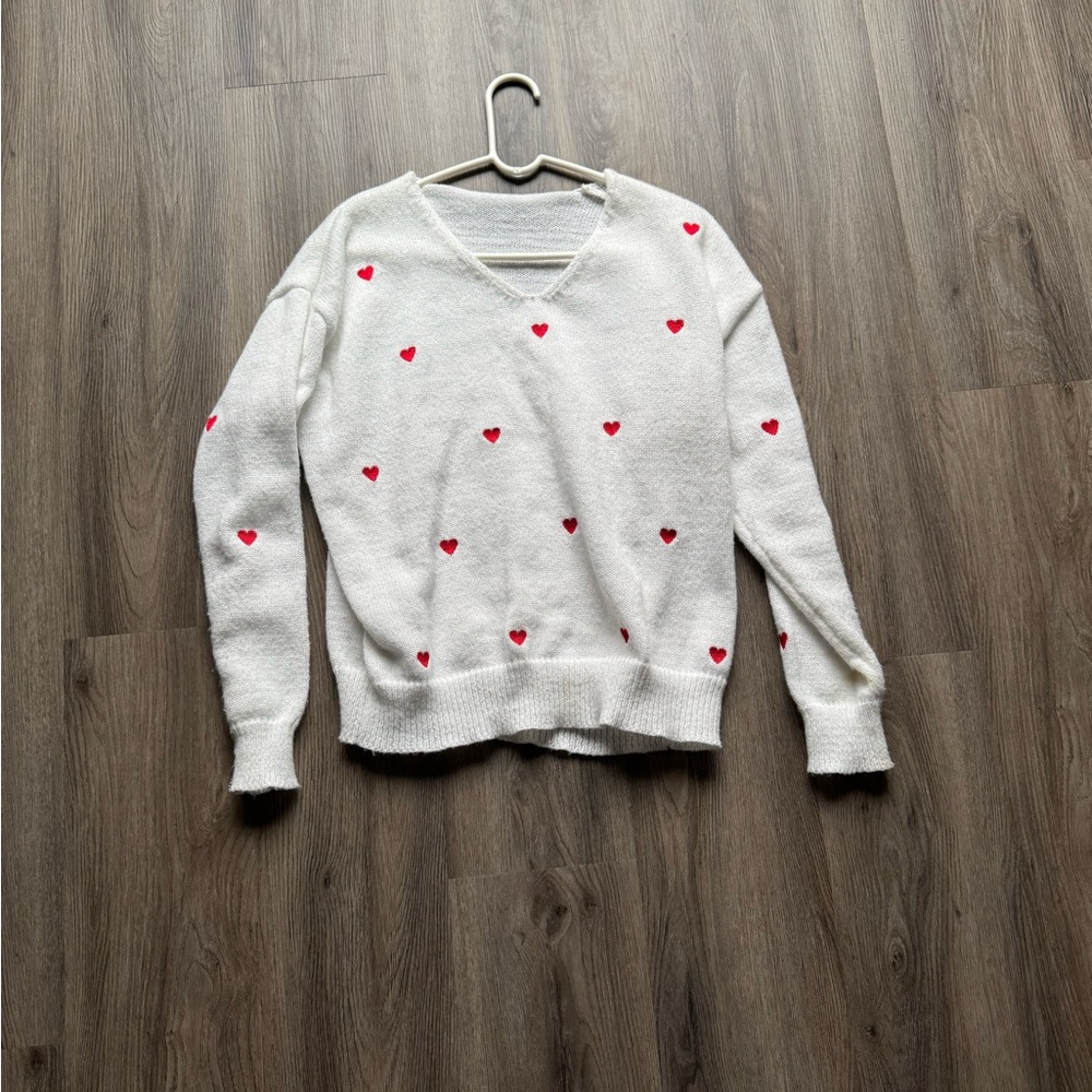 Valentine’s Day White Sweater with Red Heart Accents